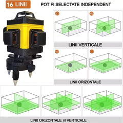 Nivela Laser 4D cu 16 Linii, AT PERFORMANCE®, 2X Acumulator, 360°,Platforma de Ridicare, cu Autonivelare, Telecomanda, Lumina Verde, Negru/Galben. - Imagine 5