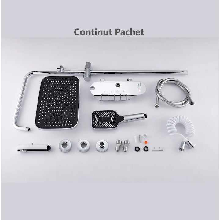 Coloana de dus piano style XPD, Set dus baie cu suport culisant, dus fix, para de dus mobila, baterie dus, 3 moduri de curgere a apei, bideu, robinet termostatic, sistem de control al apei, design modern culoare Crom