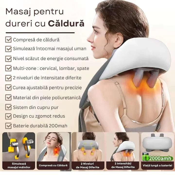 Aparat Profesional de Masaj Cervical pentru Gat, Umeri, Spate și Picioare cu Role Shiatsu 4D, Funcție de Încălzire Infraroșu, 3 Trepte de Intensitate, Masaj Profund pentru Relaxare Musculară