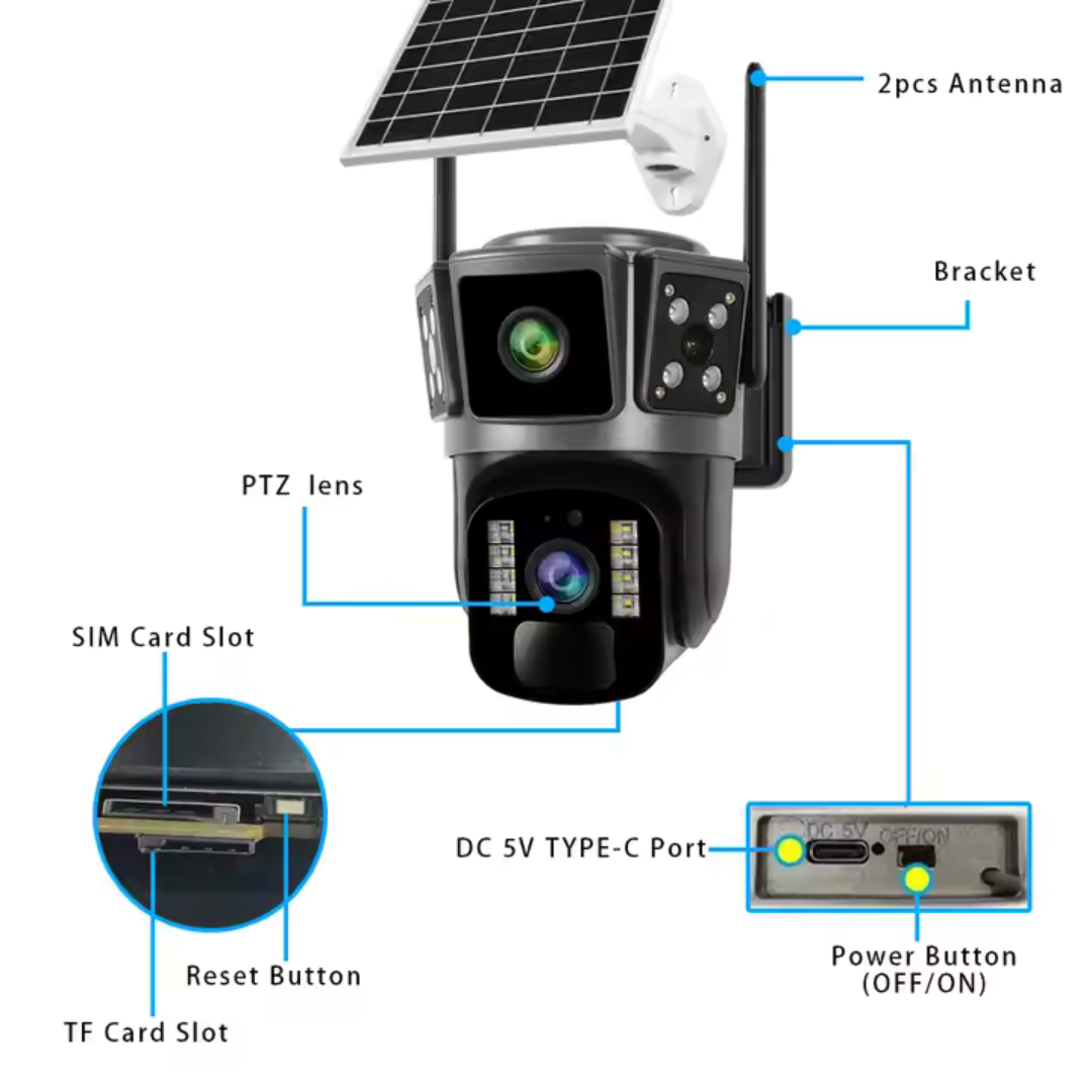 Camera de supraveghere 4G, Cu Panou Solar, 2 camere video integrate, 4 Lentile, 6MP, 4K, Vedere Panoramica, exterior/Interior 10X zoom, procesor AI, rotire rapida din aplicatie, vedere nocturna color, senzor de miscare, lumina LED, inteligenta de urmarire