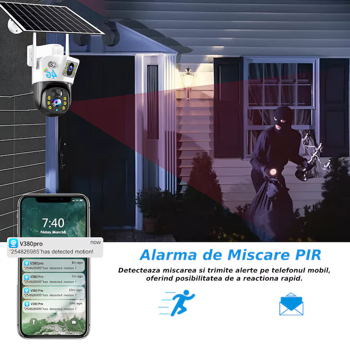 Camera de supraveghere 4G, Cu Panou Solar, 2 camere video integrate, 6MP, Full HD 4K, exterior/Interior 10X zoom, procesor AI, rotire rapida din aplicatie, 2 lentile, vedere nocturna color, senzor de miscare, lumina LED, inteligenta de urmarire,IP66