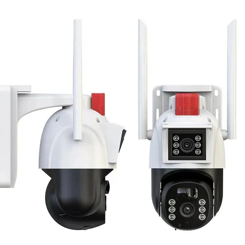 Camera de supraveghere dubla WIFI, Cu 2 camere video integrate, 6MP, Full HD+ 4K, exterior/Interior 8X zoom, rotire rapida din aplicatie, 2 lentile, vedere nocturna color, senzor de miscare, lumina LED, inteligenta de urmarire, IP66