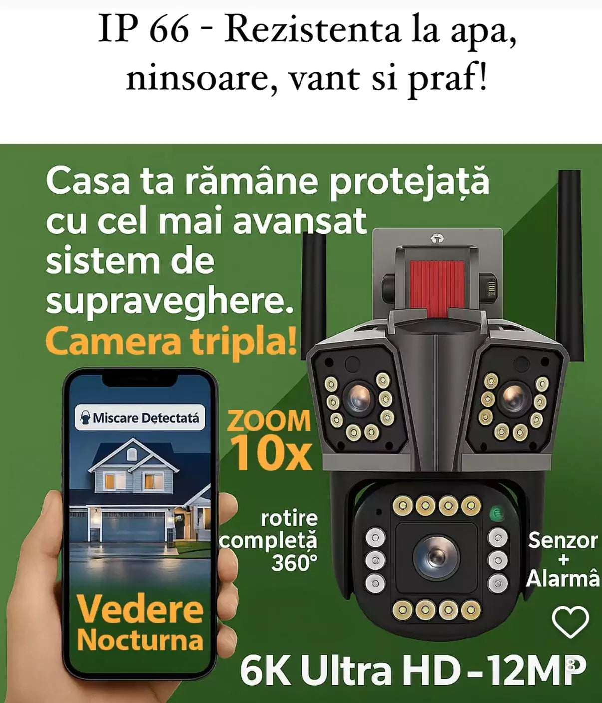Cameră de Supraveghere Exterior cu 3 Lentile, 12MP, Zoom 10X, Viziune Panoramică 360°