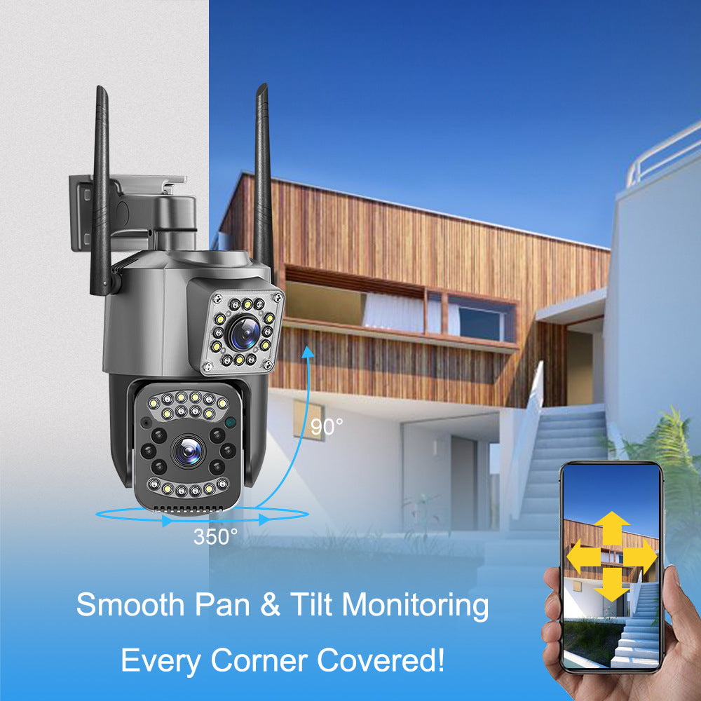 Camera de supraveghere WIFI Dubla, 2 camere video integrate, Rotire 360° ,6MP, 4K, Vedere Panoramica, 2 lentile, 10X zoom, Rezistenta la Apa, Detectare Umana, rotire rapida din aplicatie, vedere color noaptea, senzor de miscare, inteligenta de urmarire