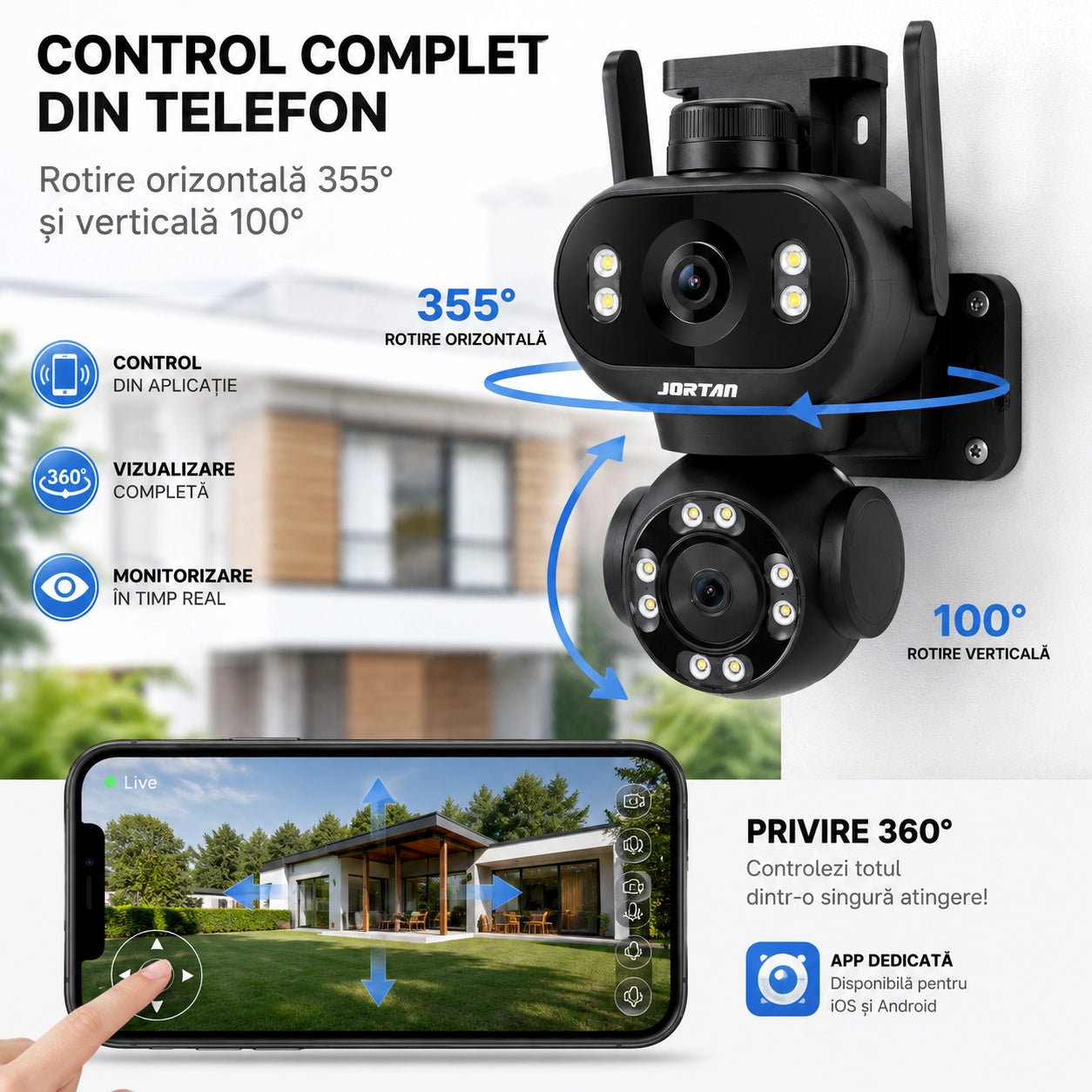 Cameră de Supraveghere WiFi JORTAN Pro 8MP Dual Lens, 4K Rotire 360°, Vedere Nocturnă Color, inteligenta de urmarire, Audio Bidirecțional, Alarmă Sirenă, Detectare Mișcare, IP66, Card 32GB Si Cablu 5M Cadou