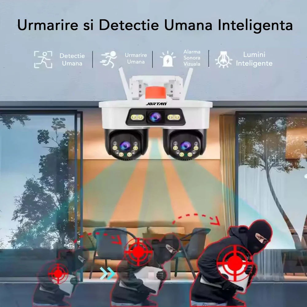 Cameră Supraveghere WiFi Jortan Ultra HD 9 MP 6K, 3 Lentile, Cap Dublu PTZ 355° cu Acoperire Panoramică, Viziune Color Noaptea, Audio Bidirecțional, Rezistenta IP66