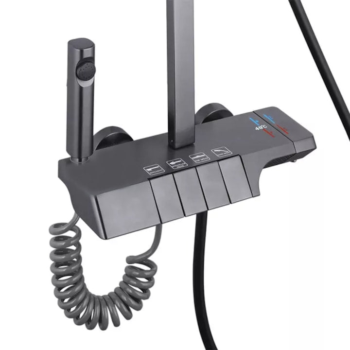 Coloana de dus piano style XPD, Set dus baie cu suport culisant, dus fix, para de dus mobila, baterie dus, 3 moduri de curgere a apei, bideu, robinet termostatic, sistem de control al apei, design modern, gri