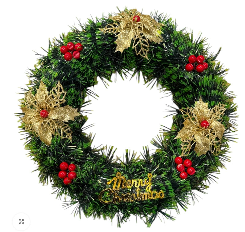 Coroană Decorativă Artificială de Crăciun 30x30 cm cu Flori Aurii și Fructe Roșii Merry Christmas, Elegantă pentru Ușă sau Perete
