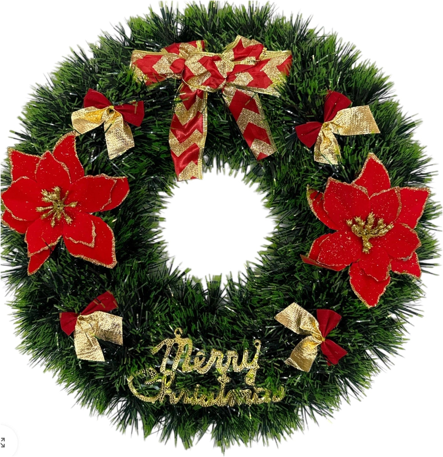 Coroană Decorativă Artificială de Crăciun 40x40 cm cu Flori Roșii Poinsettia și Funde Aurii Merry Christmas