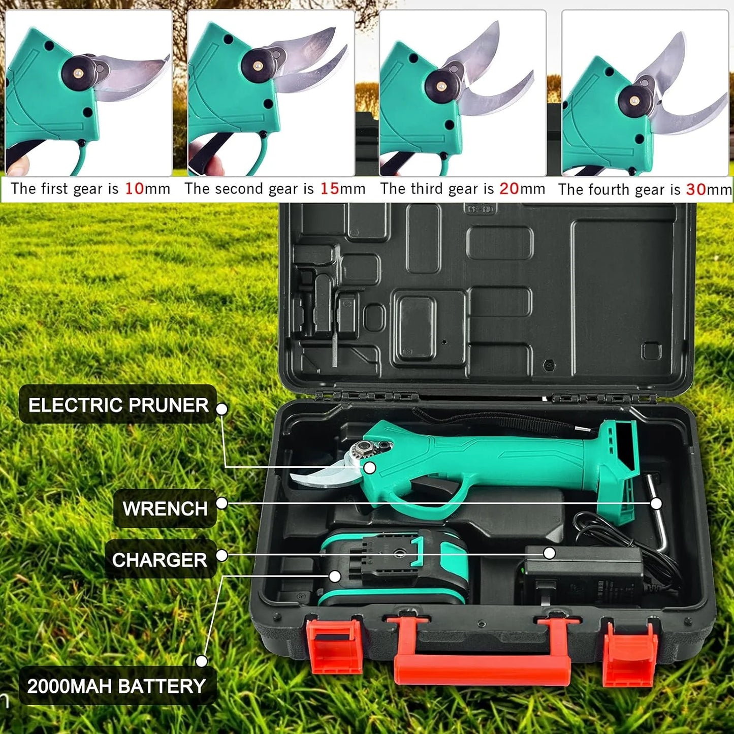 Foarfecă electrică profesională cu 2 acumulatori 36V, 5000 mAh, lame din oțel pentru vie, pomi și crengi groase