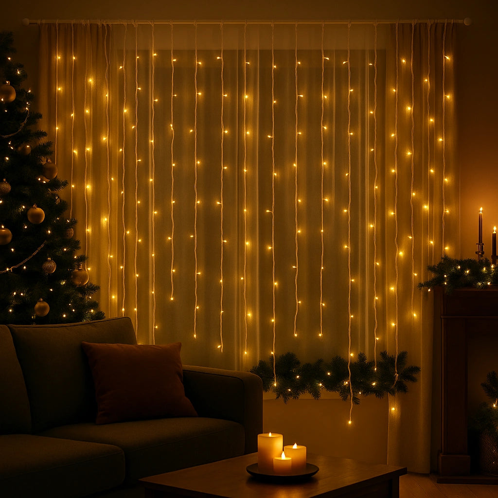 Instalație LED Franjuri inegale 12×0.7m Fir gros, Interconectabila Lumina Calda, pentru Exterior și Interior, Decor Crăciun