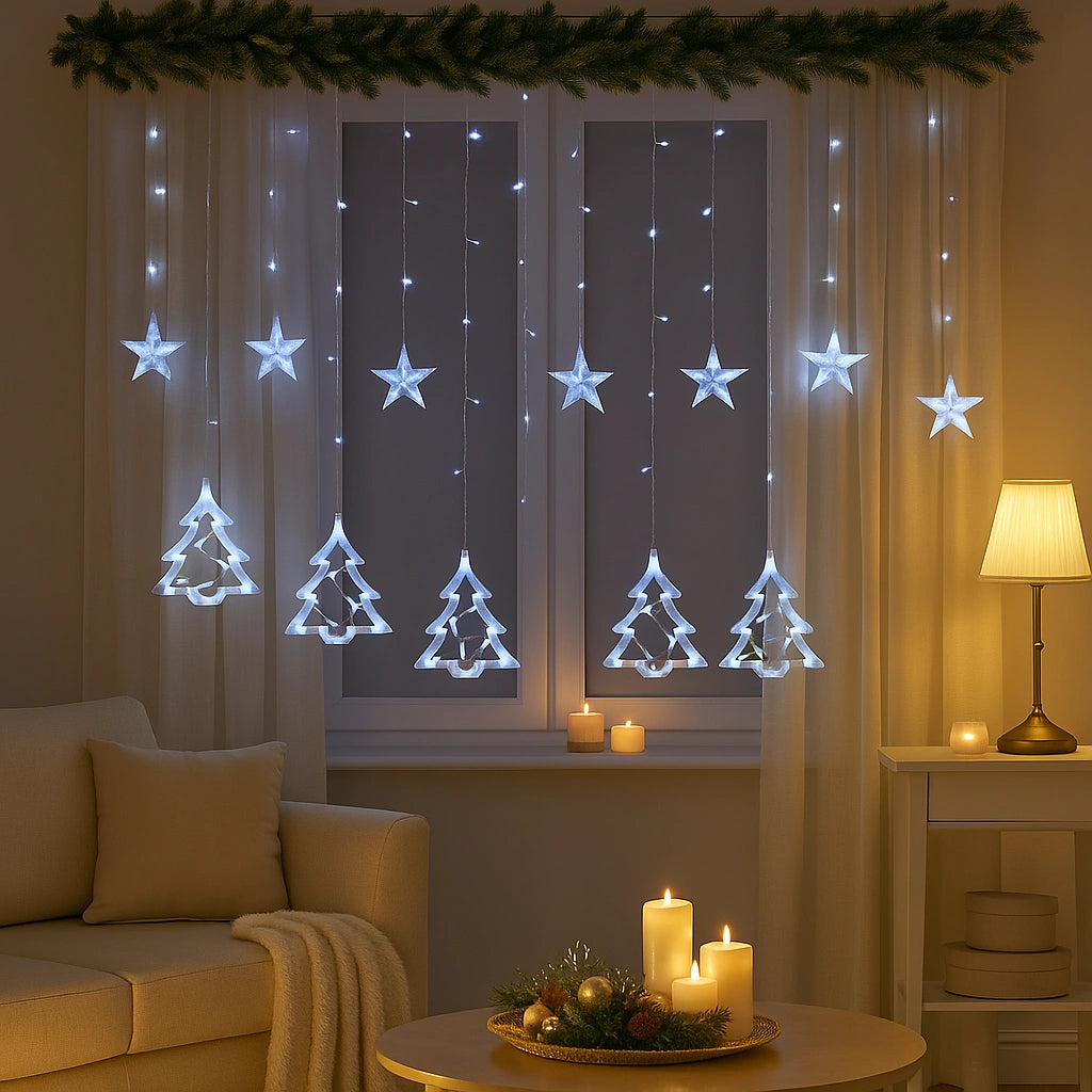 Instalație Luminoasă Crăciun cu 12 Fire, Stele si Braduti LED, Lumină Alb Rece, Decor Interior pentru Brad sau Fereastră