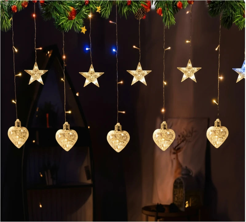 Instalație Luminoasă LED de Crăciun 3x1.5 m, cu Stele și Inimi Lumină Alb Caldă, Decor Elegant pentru Interior și Exterior