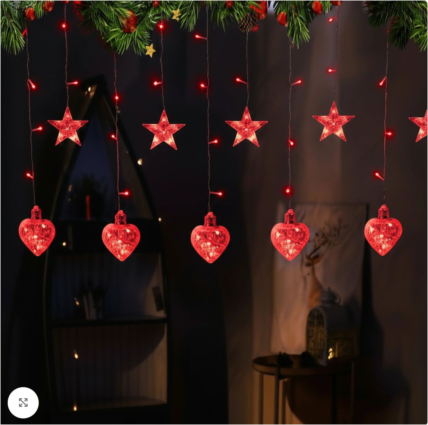 Instalație Luminoasă LED de Crăciun 3×1.5 m, cu Stele și Inimi Lumina Rosie, Decor Elegant pentru Interior și Exterior
