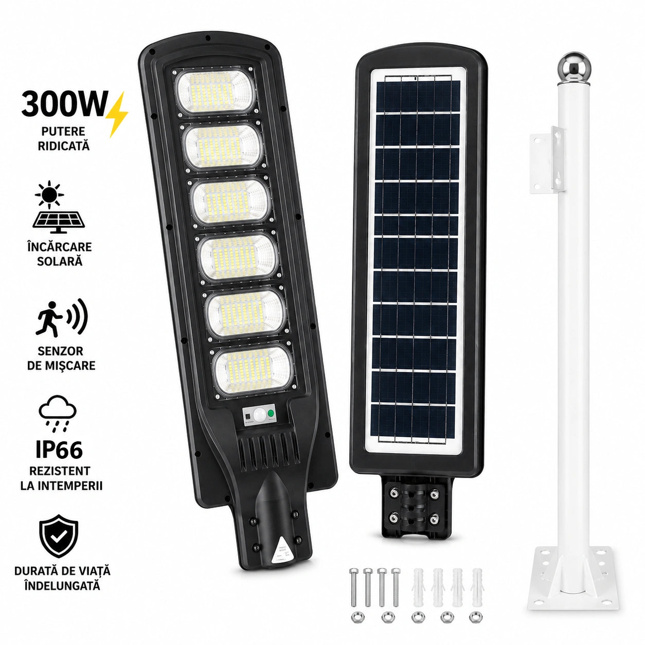 Lampă Solară Jortan 300W cu 6 Cadrane, Panou solar cu incarcare rapida, Telecomandă, Senzor de Mișcare, senzor Lumină, Autonomie Mare, Stâlp Metalic Inclus