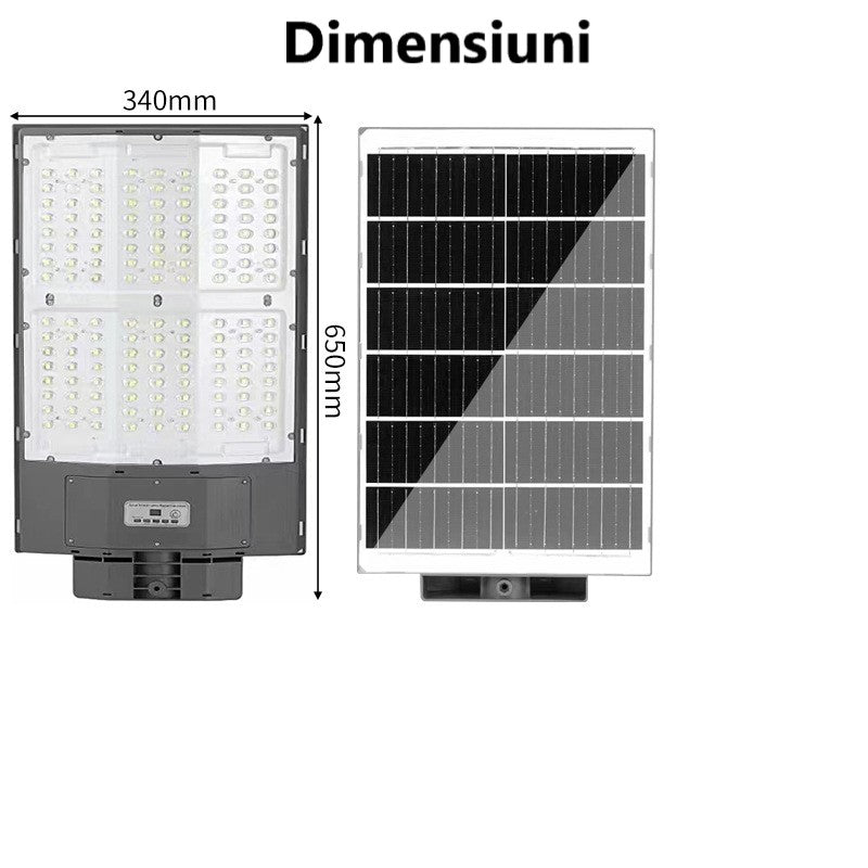 Lampa solara LED Next gen 1000W, 9500 Lumeni, Telecomanda, Senzor de Lumina, Senzor de Miscare, Lumina rece, Stalp metalic inclus, Autonomie mare, Rezistenta la apa, Multiple functii de programare