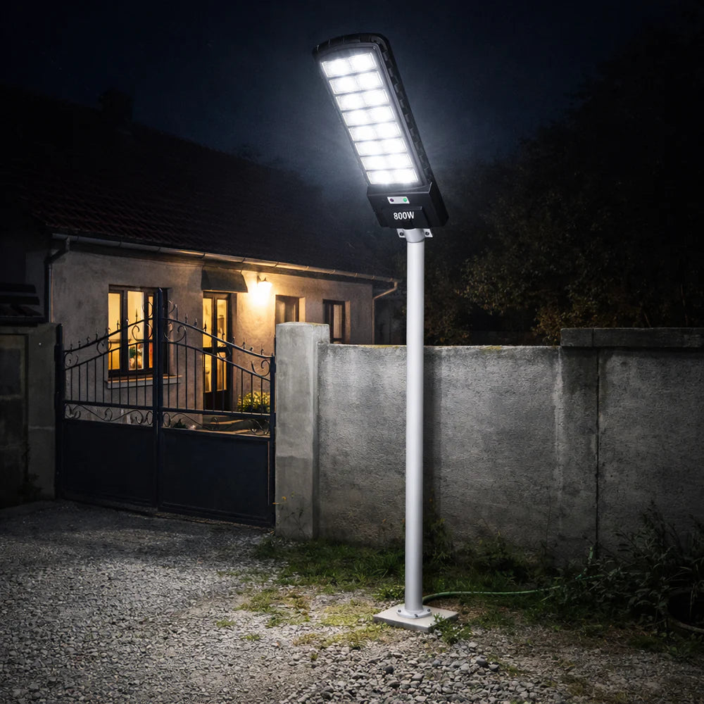 Lampa Solara Stradala 800W Jortan Pro Light LED Super Luminos 13.000 Lumeni, Autonomie 15 ore Programare inteligent din telecomanda, Stalp metalic inclus