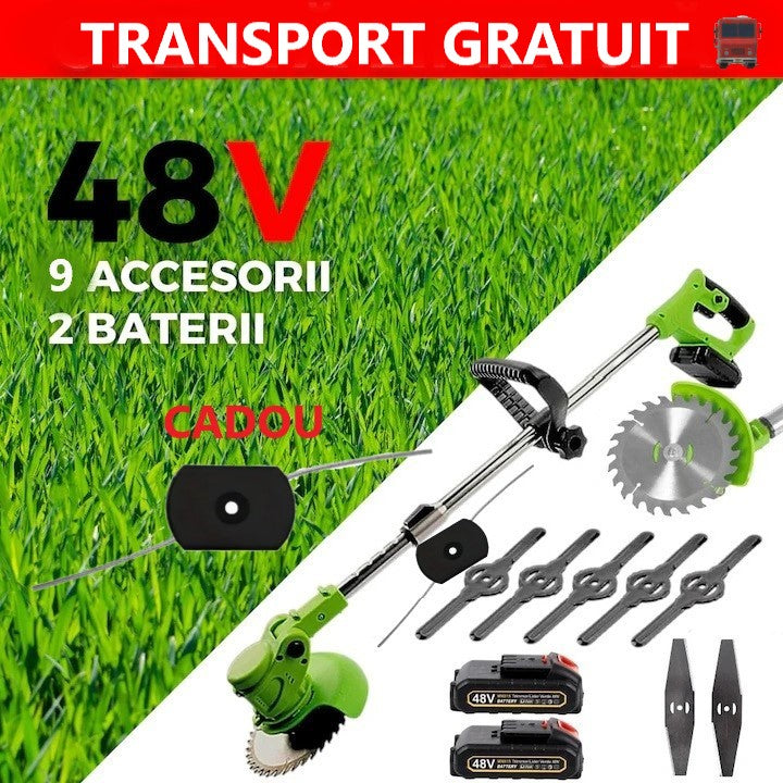 Motocoasa Electrica cu 2 Acumulatori 48V,Autonomie 4 ore 13000 mAh, Accesorii Incluse, Brat Extensibil, 9 Lame Diferite