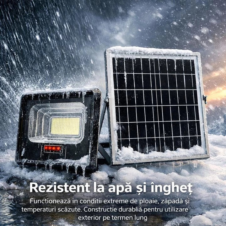 Proiector cu Panou Solar LED 400W, 7000 Lumeni, IP66, Telecomandă și Senzor de Lumină, Lampă Solară pentru Iluminat Exterior, Curte, Grădină, Parcare, Alei și Stradă