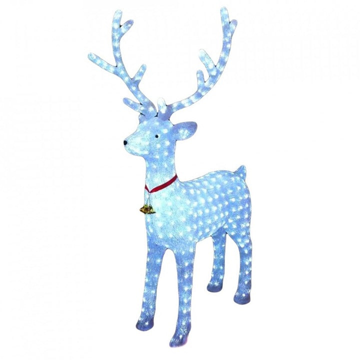 Ren Decorativ Luminos de Crăciun cu LED-uri Albe, 8 jocuri luminoase, Exterior și Interior, 130 cm Figurina Acrilică cu Clopoțel și Guler Roșu Cablu alimentare 3m