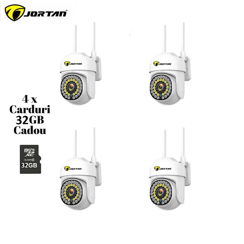 Set 4 X Camere de supraveghere, Wifi Detectie umana rotire rapida din aplicatie 4 X Carduri 32GB, Smart IP, Jortan (4x carduri cadou)