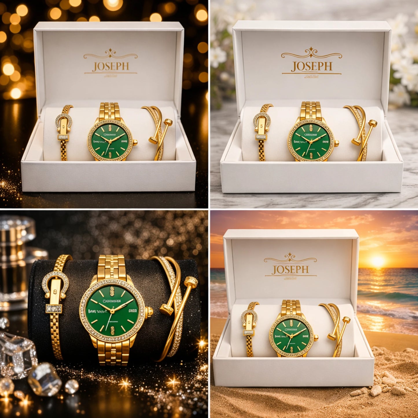 Set Ceas Damă Auriu 3 Piese Cadran Verde, 2 Brățări Elegante Decorate cu Cristale, Cutie Cadou Premium