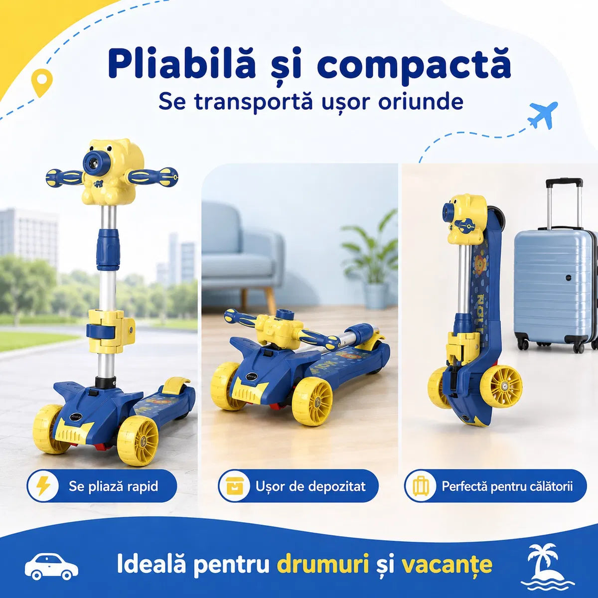 Trotineta pentru Copii Reglabila cu 3 Roti Late si Stabilitate Mare, Pliabila Aparat Integrat pentru Baloane de Sapun, Sunete Muzicale, Lumini LED, Platforma Antiderapanta, Ghidon Ajustabil, Albastru