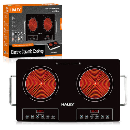 Plită Ceramica HALEY, 2 Ochiuri – 3500W, Geam Cristal Negru, Timer, Control Tactil, Oprire Automată