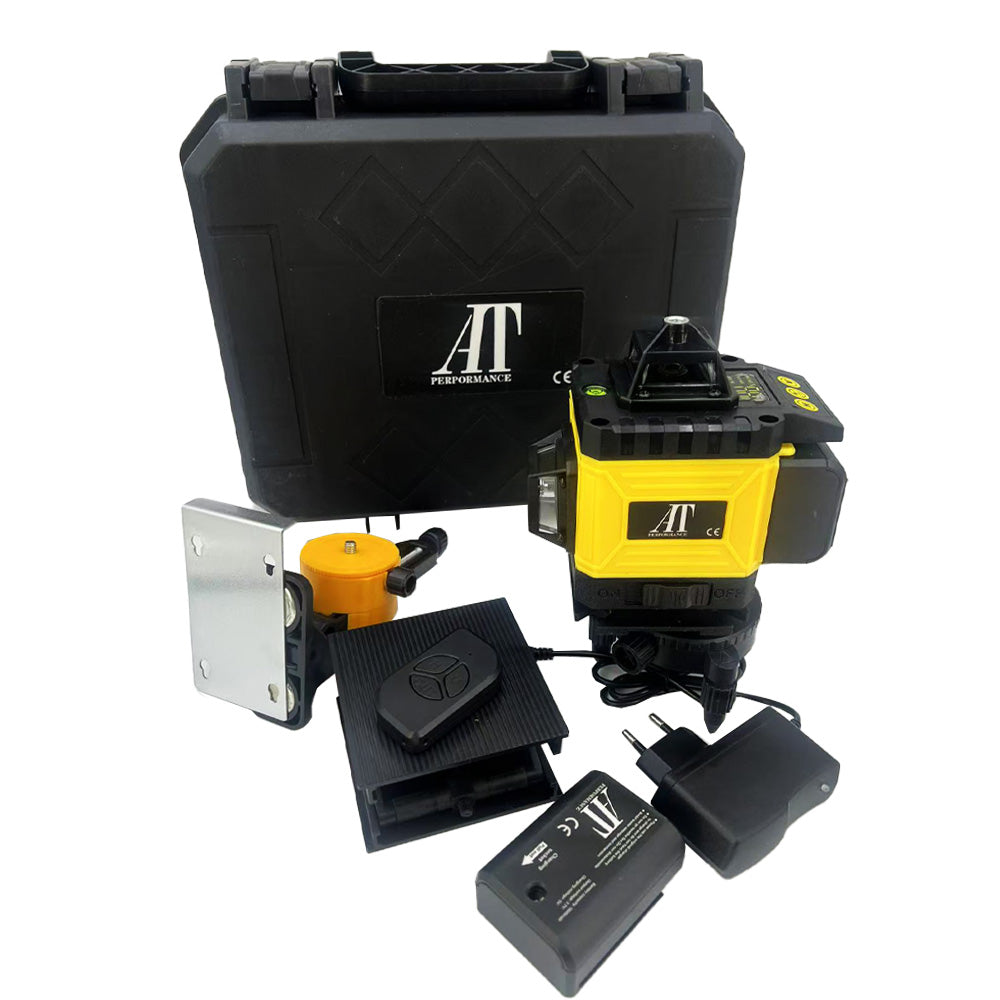 Nivela Laser 4D cu 16 Linii, AT PERFORMANCE®, 2X Acumulator, 360°,Platforma de Ridicare, cu Autonivelare, Telecomanda, Lumina Verde, Negru/Galben.