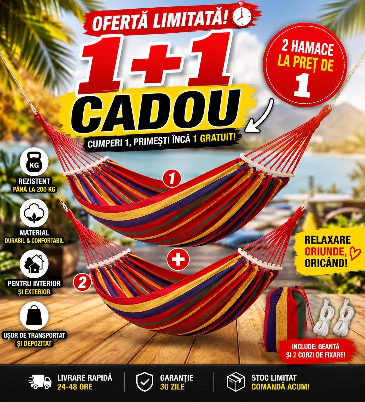 1+1 GRATIS Hamac Suspendat Cu Bara de Lemn, 80×200 cm pentru Grădină, Terasă și Camping Rezistență 150 kg, Confort Maxim