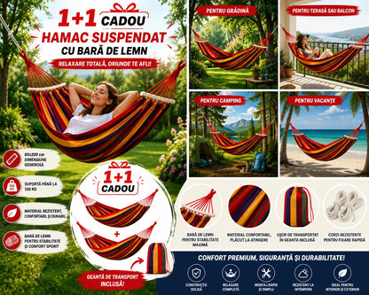 1+1 GRATIS Hamac Suspendat Cu Bara de Lemn, 80×200 cm pentru Grădină, Terasă și Camping Rezistență 150 kg, Confort Maxim