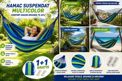 1+1 GRATIS Hamac Suspendat Multicolor 80x200 cm pentru Grădină, Terasă și Camping Rezistență 150 kg, Confort Maxim și Transport Facil