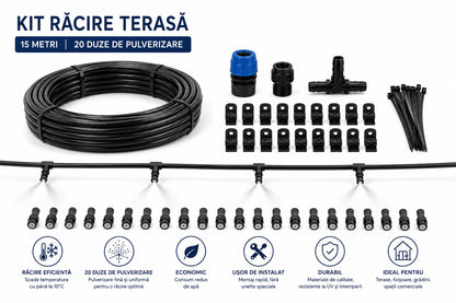 1+1 Gratis Kit Răcire pentru Terasă cu 20 Duze 15M, Pulverizare Fina Sistem Eficient de Răcire pentru Grădină, Foișor, Balcon și Spații Exterioare