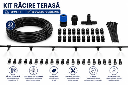 1+1 Gratis Kit Răcire pentru Terasă cu 20 Duze 20M, Pulverizare Fina Sistem Eficient de Răcire pentru Grădină, Foișor, Balcon și Spații Exterioare