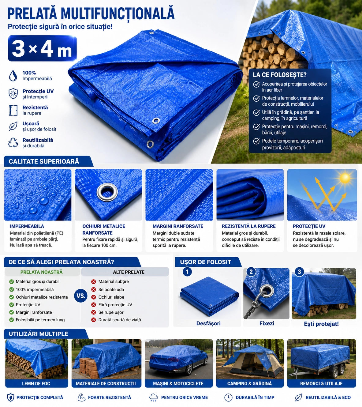 1+1 Gratis – Prelată Impermeabilă 3x4 m, Protecție Exterior împotriva Ploii, Soarelui și Intemperiilor