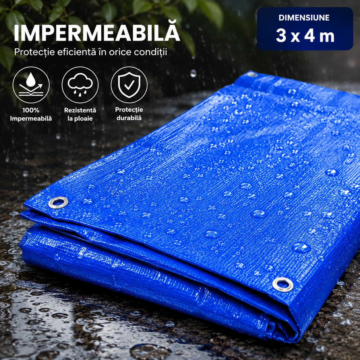 1+1 Gratis – Prelată Impermeabilă 3x4 m, Protecție Exterior împotriva Ploii, Soarelui și Intemperiilor