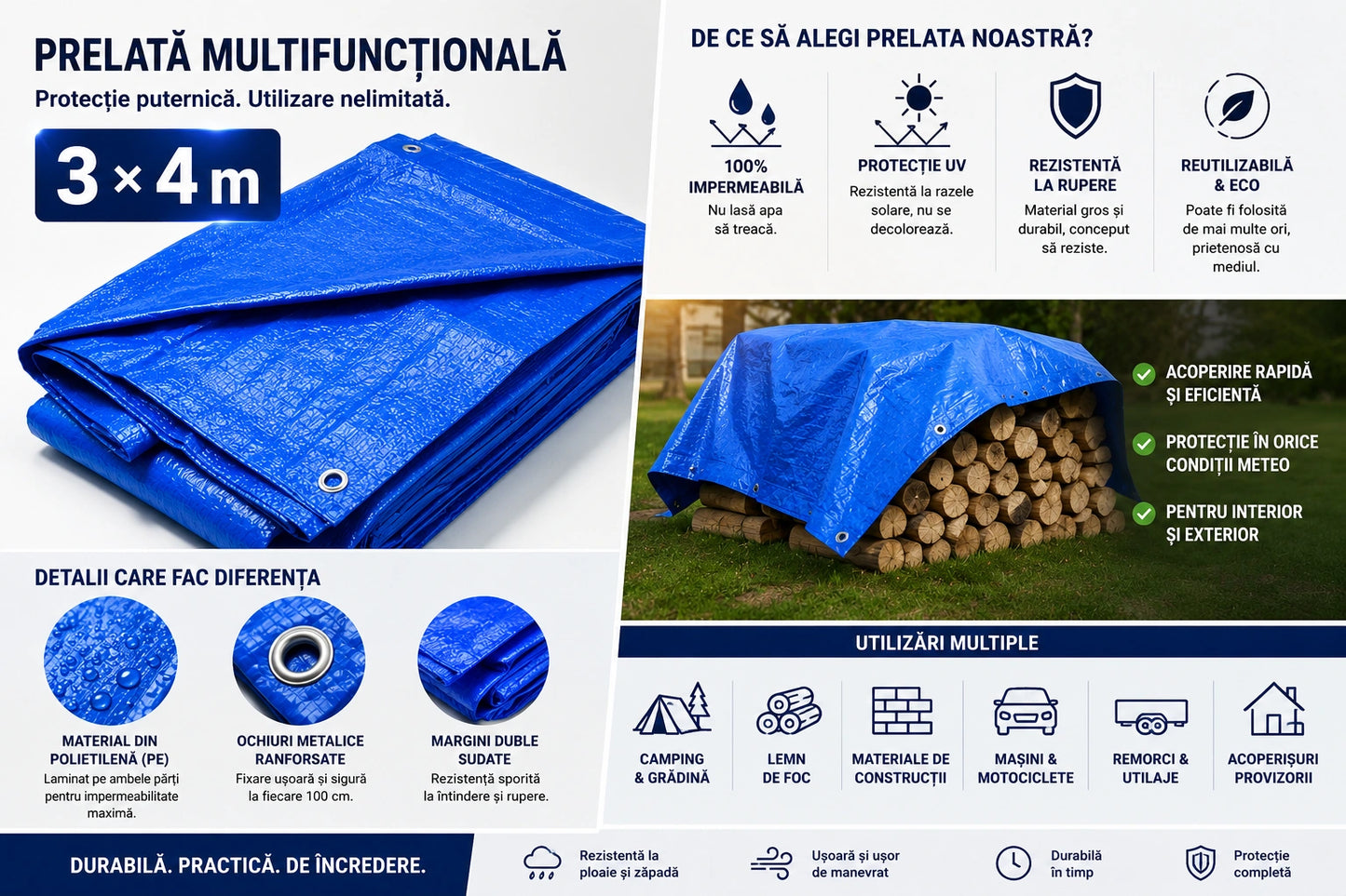 1+1 Gratis – Prelată Impermeabilă 3x4 m, Protecție Exterior împotriva Ploii, Soarelui și Intemperiilor