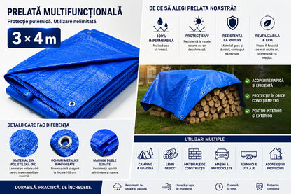 1+1 Gratis – Prelată Impermeabilă 3x4 m, Protecție Exterior împotriva Ploii, Soarelui și Intemperiilor
