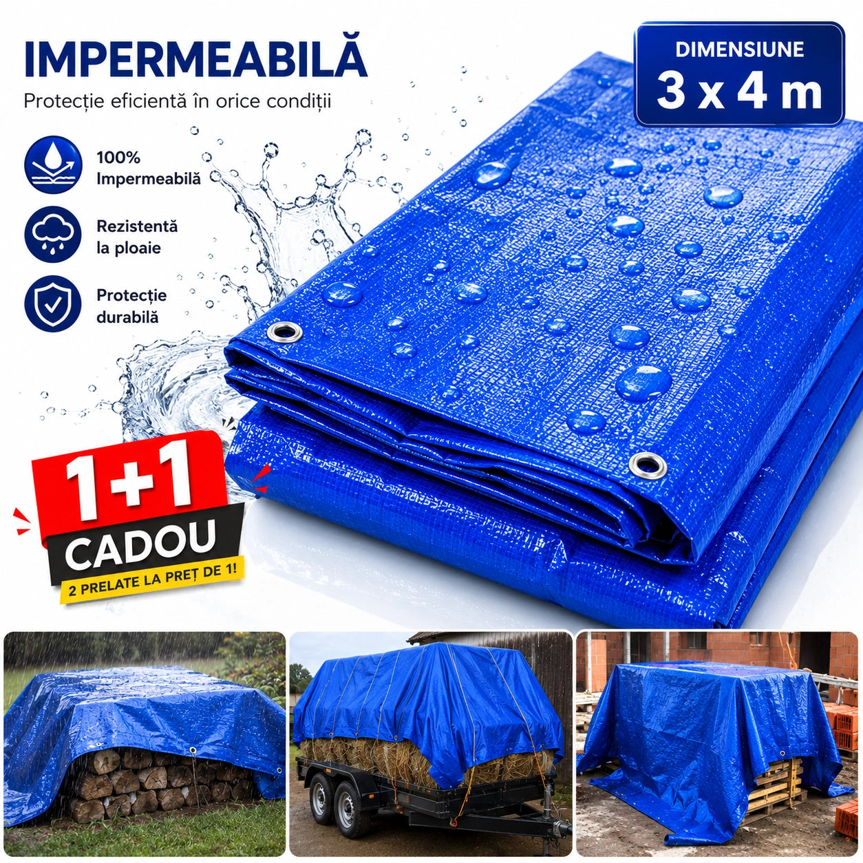 1+1 Gratis – Prelată Impermeabilă 3x4 m, Protecție Exterior împotriva Ploii, Soarelui și Intemperiilor