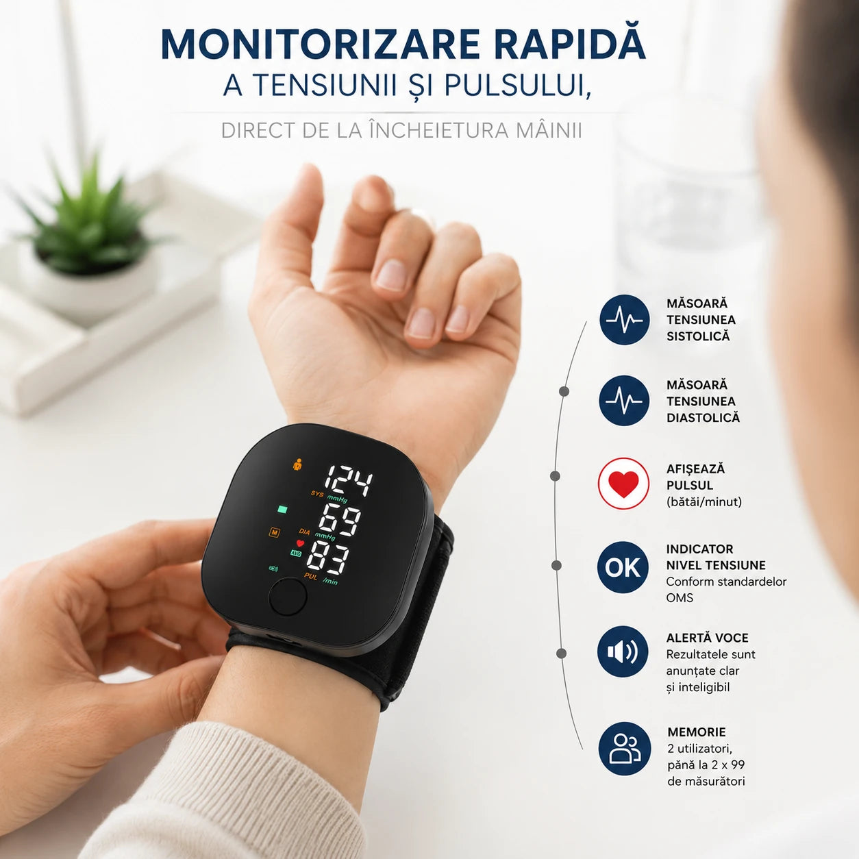1+1 GRATIS Tensiometru Digital de Încheietură Inteligent cu Ecran LED, Măsurare Tensiune Arterială și Puls, Indicator Hipertensiune, Memorie 2 Utilizatori, Alertă Vocală, Compact și Portabil, Negru