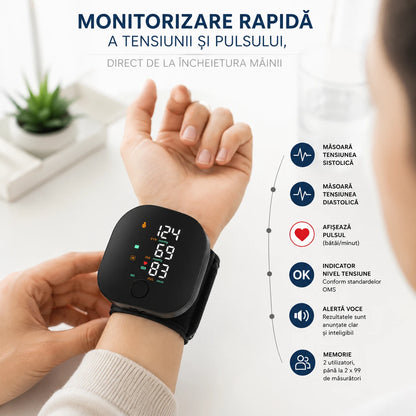 1+1 GRATIS Tensiometru Digital de Încheietură Inteligent cu Ecran LED, Măsurare Tensiune Arterială și Puls, Indicator Hipertensiune, Memorie 2 Utilizatori, Alertă Vocală, Compact și Portabil, Negru