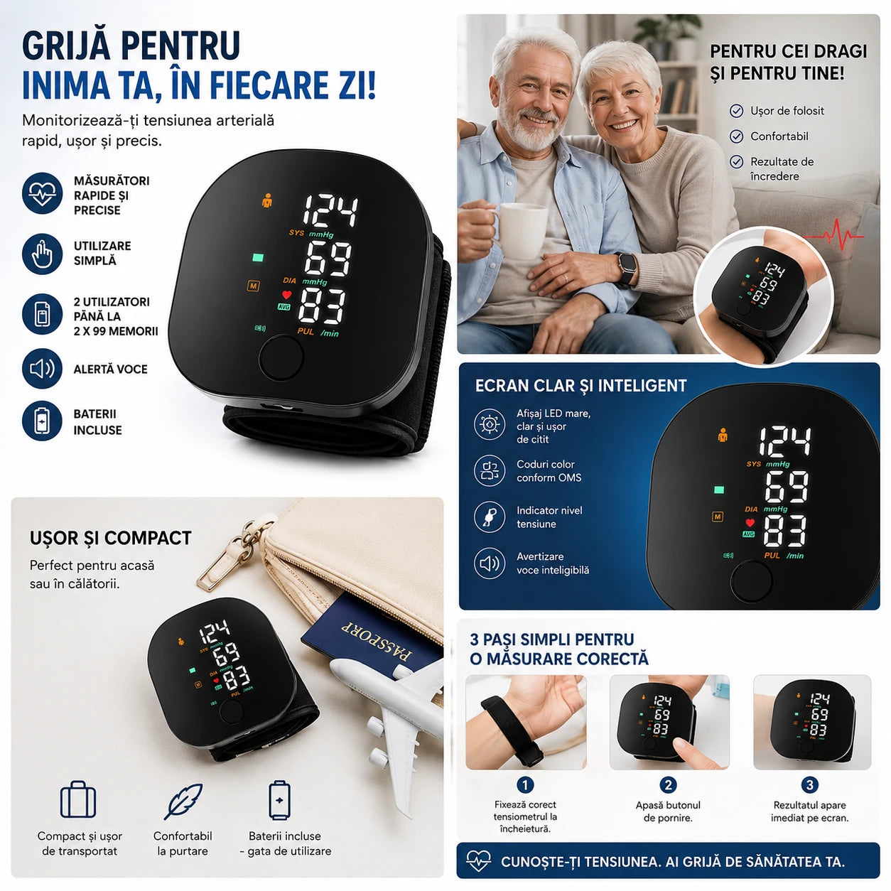 1+1 GRATIS Tensiometru Digital de Încheietură Inteligent cu Ecran LED, Măsurare Tensiune Arterială și Puls, Indicator Hipertensiune, Memorie 2 Utilizatori, Alertă Vocală, Compact și Portabil, Negru