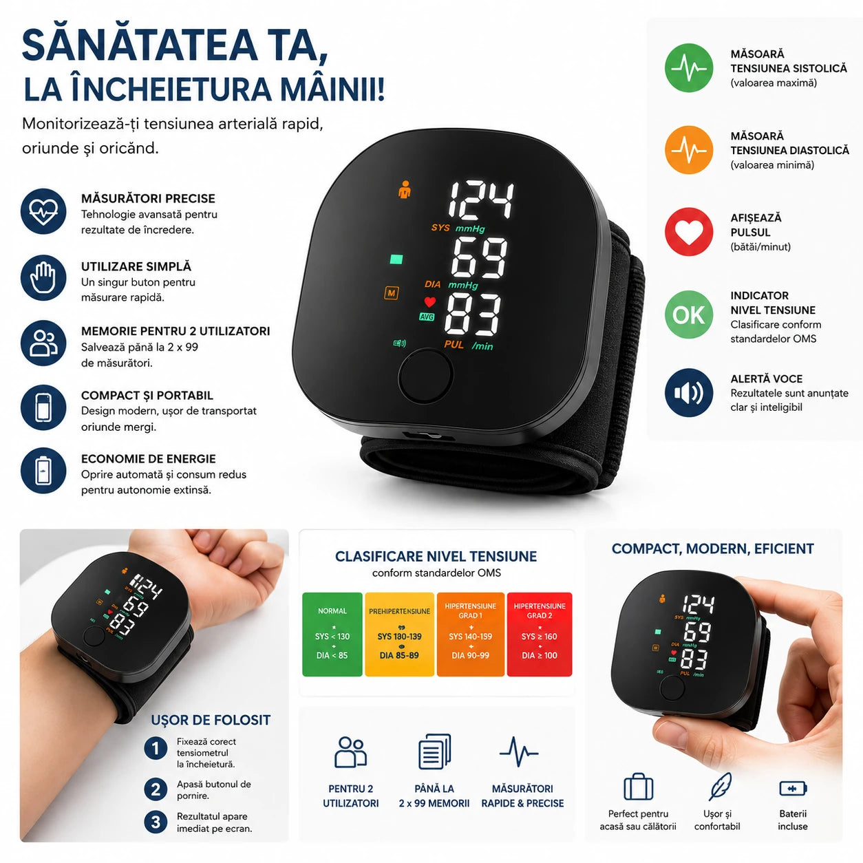 1+1 GRATIS Tensiometru Digital de Încheietură Inteligent cu Ecran LED, Măsurare Tensiune Arterială și Puls, Indicator Hipertensiune, Memorie 2 Utilizatori, Alertă Vocală, Compact și Portabil, Negru