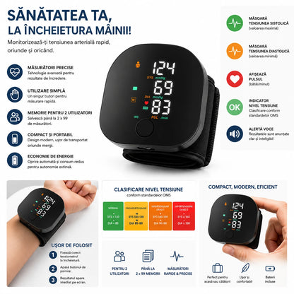 1+1 GRATIS Tensiometru Digital de Încheietură Inteligent cu Ecran LED, Măsurare Tensiune Arterială și Puls, Indicator Hipertensiune, Memorie 2 Utilizatori, Alertă Vocală, Compact și Portabil, Negru