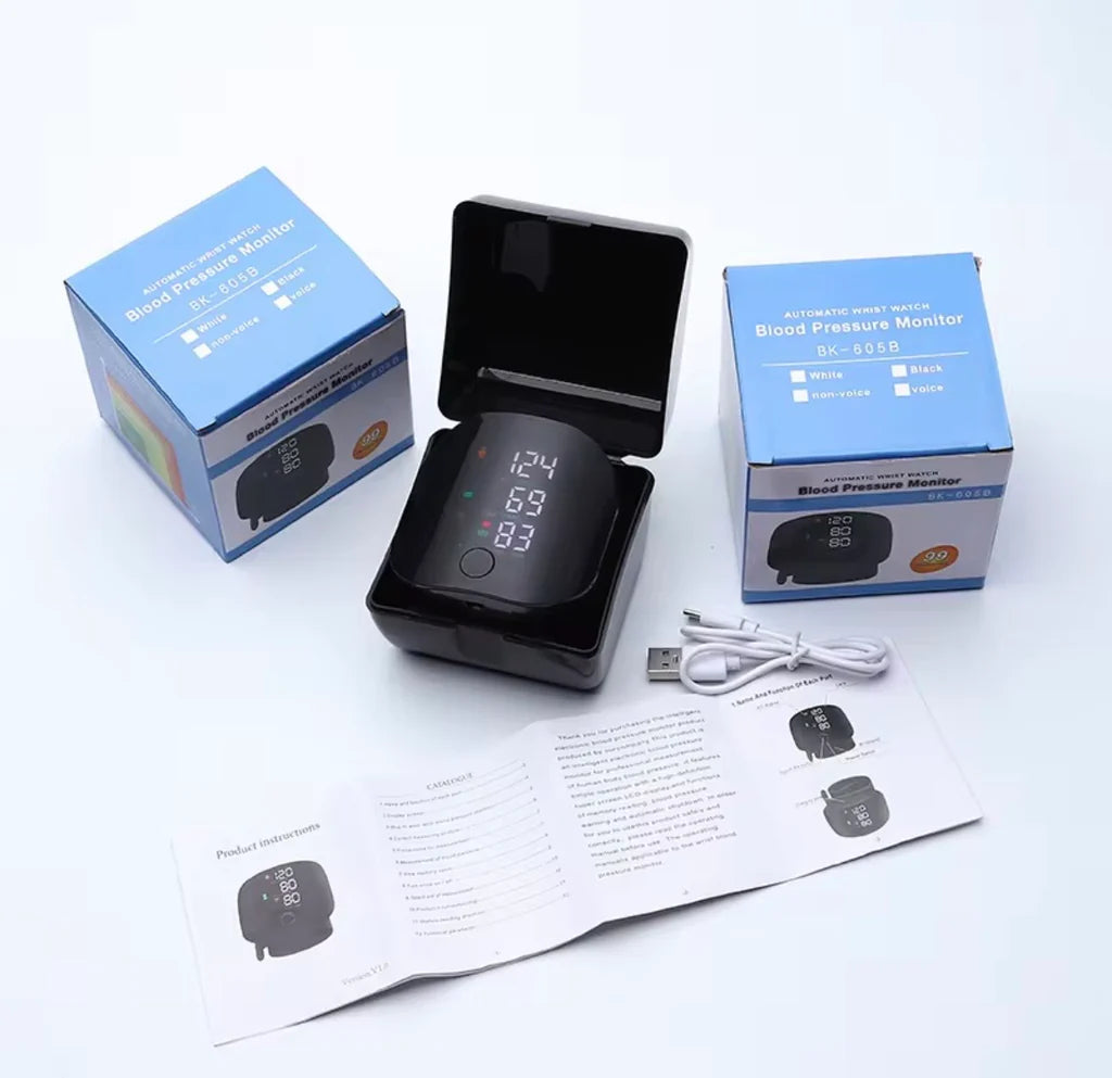 1+1 GRATIS Tensiometru Digital de Încheietură Inteligent cu Ecran LED, Măsurare Tensiune Arterială și Puls, Indicator Hipertensiune, Memorie 2 Utilizatori, Alertă Vocală, Compact și Portabil, Negru
