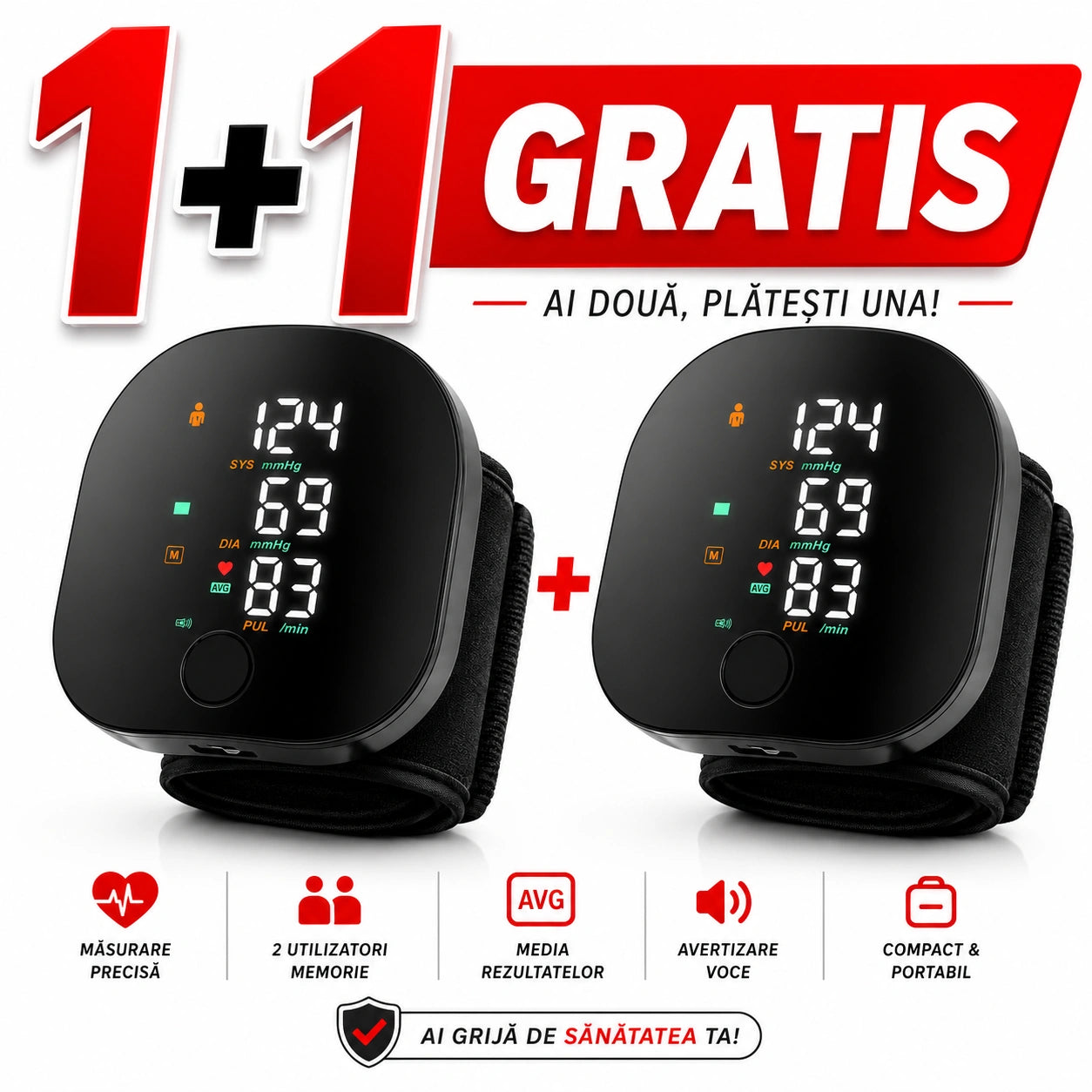 1+1 GRATIS Tensiometru Digital de Încheietură Inteligent cu Ecran LED, Măsurare Tensiune Arterială și Puls, Indicator Hipertensiune, Memorie 2 Utilizatori, Alertă Vocală, Compact și Portabil, Negru