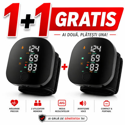 1+1 GRATIS Tensiometru Digital de Încheietură Inteligent cu Ecran LED, Măsurare Tensiune Arterială și Puls, Indicator Hipertensiune, Memorie 2 Utilizatori, Alertă Vocală, Compact și Portabil, Negru
