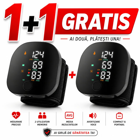 1+1 GRATIS Tensiometru Digital de Încheietură Inteligent cu Ecran LED, Măsurare Tensiune Arterială și Puls, Indicator Hipertensiune, Memorie 2 Utilizatori, Alertă Vocală, Compact și Portabil, Negru