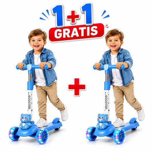 1+1 GRATIS Trotinetă pentru Copii cu Lumini LED, 3 Roți Ghidon Reglabil Sunete Muzicale și Frână Spate, Antiderapantă, Pliabila Stabilă și Ușoară, 2-8 Ani Albastra