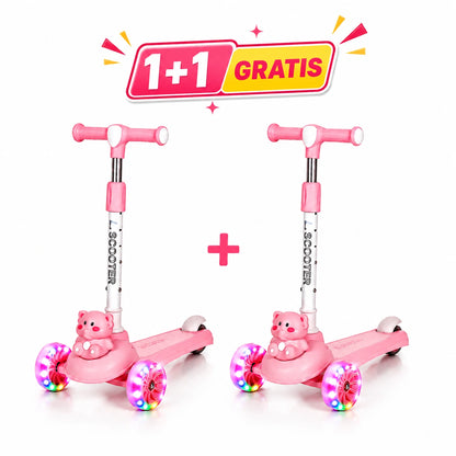 1+1 GRATIS Trotinetă pentru Copii cu Lumini LED, 3 Roți Ghidon Reglabil, Sunete Muzicale și Frână Spate cu Ursuleț, Antiderapantă, Stabilă și Ușoară, Roz, 2-8 Ani